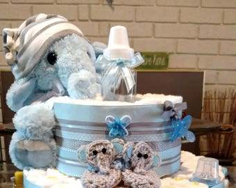 Elephant Diaper Cake, elephant shower cake in Blue, baby elephant cake,- Two Teir