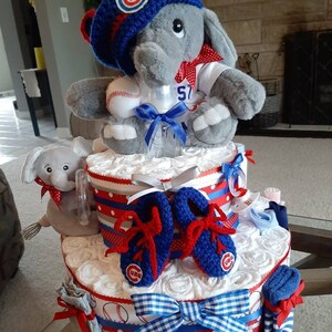 Cubs Diaper Cake, Chicago Cubs Cake, Elephant Diaper Cake, sports elephant  cake, baby elephant cake,- Two Teir Custom- Cubs gear