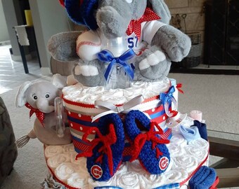 Cubs Diaper Cake, Chicago Cubs Cake, Elephant Diaper Cake, sports elephant cake, baby elephant cake,- Two Teir Custom- Cubs gear