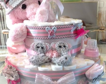 Elephant Diaper Cake, elephant shower cake in Pink, baby elephant cake,- Two Teir