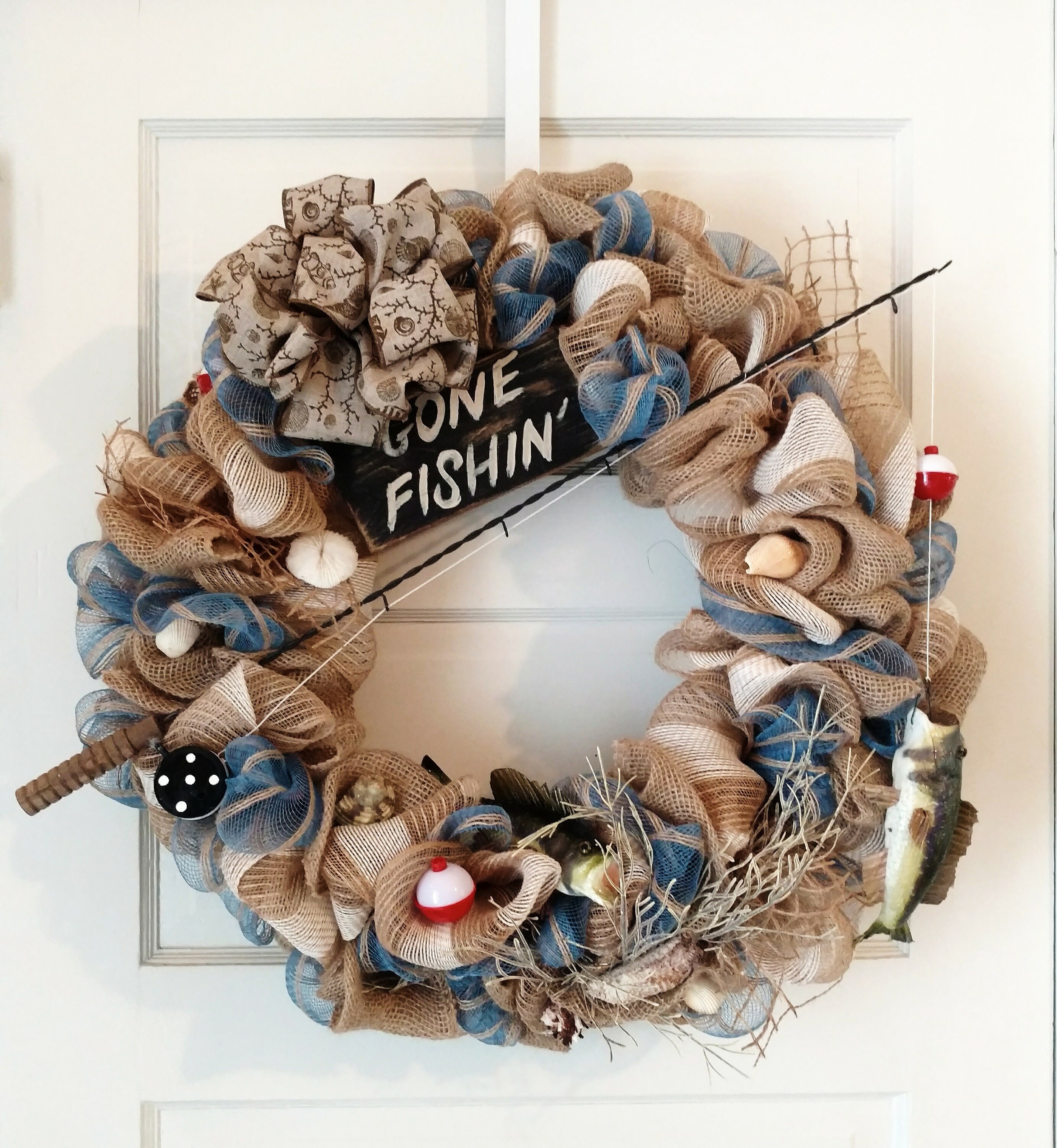 Fishing wreath burlap fishing wreath Beach Wreath Nautical Etsy
