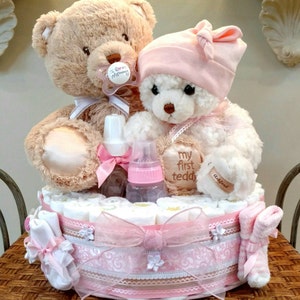 Teddy Bear Diaper Cake, Bear Diaper cake, girl diaper cake in pink, baby bear cake One Teir image 1
