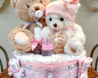 Teddy Bear Diaper Cake, Bear Diaper cake, girl diaper cake in pink, baby bear cake One Teir