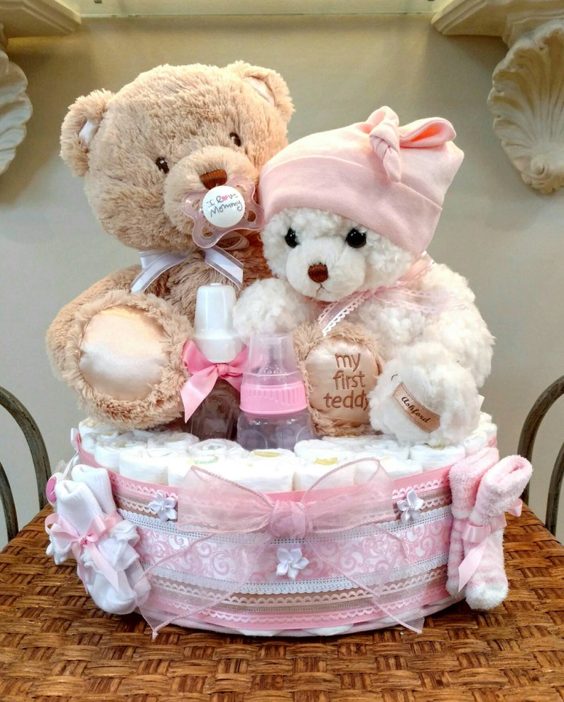 Teddy Bear Diaper Cake, Bear Diaper cake, girl diaper cake in pink, baby bear cake One Teir image 1