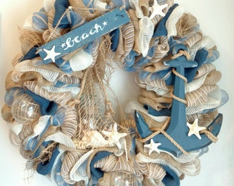 Beach Wreath, Fishing Wreath, Nautical Summer Wreath with Anchor & Beach Sign - poly and regular burlap - denim blue