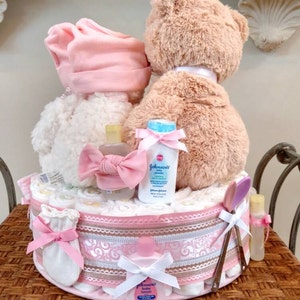 Teddy Bear Diaper Cake, Bear Diaper cake, girl diaper cake in pink, baby bear cake One Teir image 2