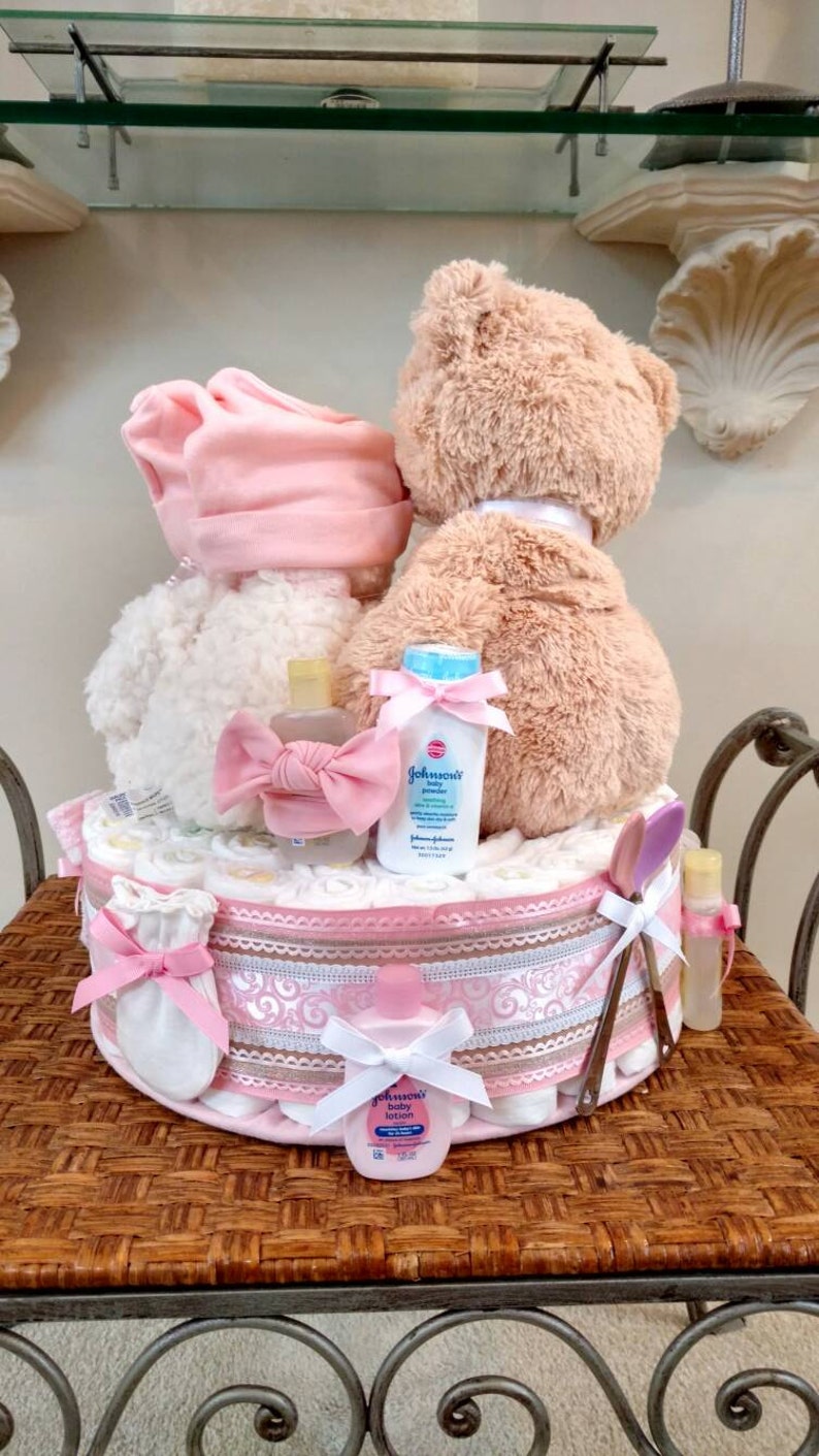 Teddy Bear Diaper Cake, Bear Diaper cake, girl diaper cake in pink, baby bear cake One Teir image 2