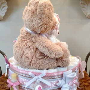 Teddy Bear Diaper Cake, Bear Diaper cake, girl diaper cake in pink, baby bear cake One Teir image 3