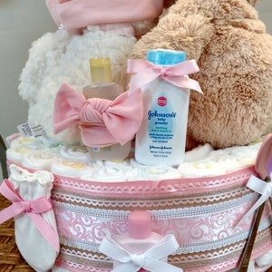 Teddy Bear Diaper Cake, Bear Diaper cake, girl diaper cake in pink, baby bear cake One Teir image 4