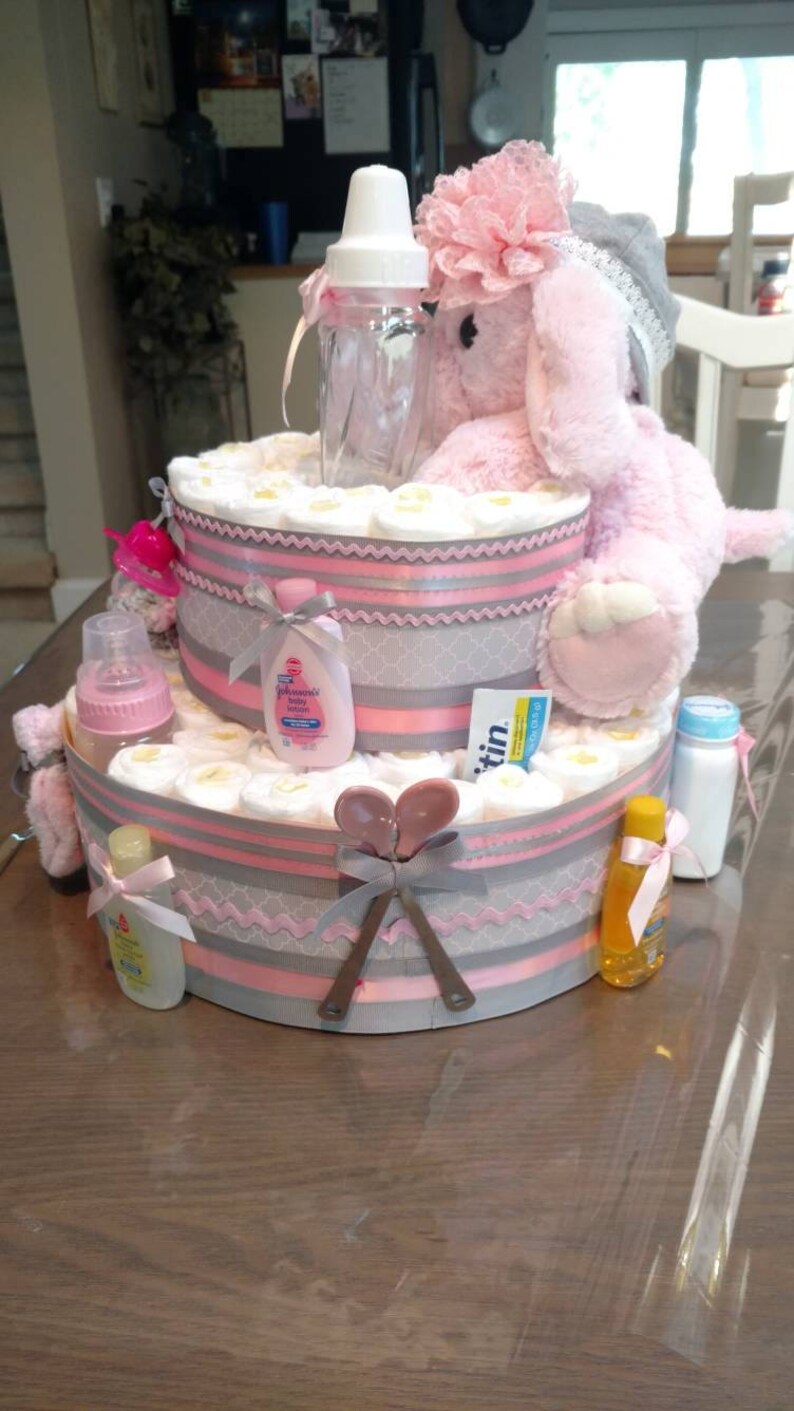 Elephant Diaper Cake, Elephant Shower Cake in Pink, Baby Elephant Cake