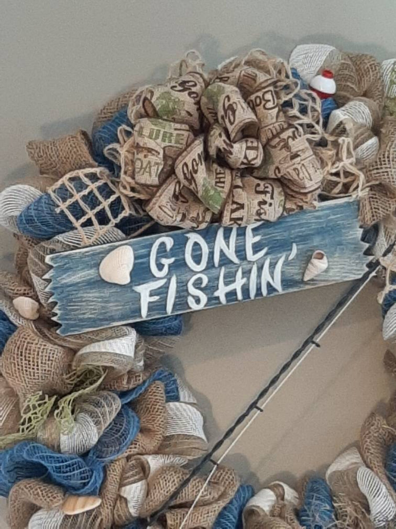 Fishing Wreath, Burlap Fishing Wreath, Gone Fishin, Beach Wreath