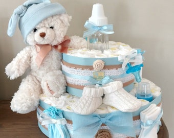Teddy Bear Diaper Cake, bear diaper cake, bear centerpiece, Blue-  Two Teir
