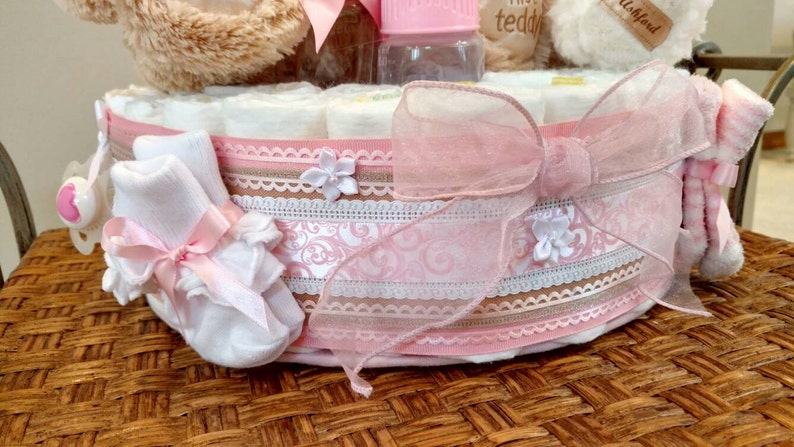 Teddy Bear Diaper Cake, Bear Diaper cake, girl diaper cake in pink, baby bear cake One Teir image 5