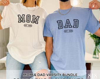 Mom and Dad PNG & SVG Varsity Bundle, New Parents Couple Tshirt Designs, Baby Announcement Graphic, Pregnancy Design, 2026 Baby