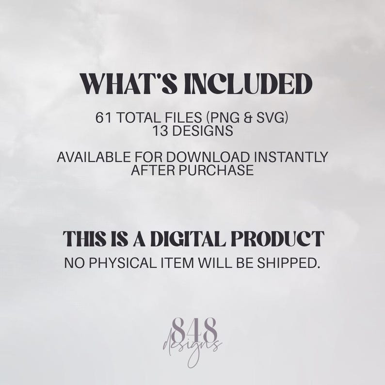 Może przedstawiać: Ogłoszenie produktu cyfrowego z tekstem "WHAT'S INCLUDED" i szczeg&oacute;łami dotyczącymi 61 plik&oacute;w, 13 projekt&oacute;w i natychmiastowego pobierania. Zaznaczono, że żaden fizyczny przedmiot nie zostanie wysłany.