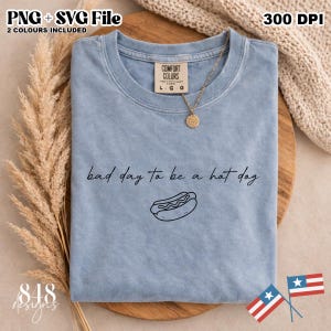 Op de afbeelding: Lichtblauw T-shirt met de tekst "bad day to be a hot dog" en een hotdog-afbeelding. Het shirt heeft een ronde hals en korte mouwen. Een gouden ketting met een ronde hanger ligt op het shirt. Het shirt ligt op een houten oppervlak.