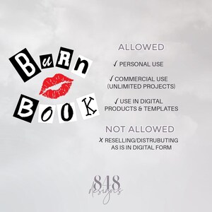 Może przedstawiać: Projekt graficzny z tekstem "Burn Book" w stylizowanej czcionce, z czerwonym odciskiem warg. Obraz zawiera r&oacute;wnież tekst wskazujący dozwolone i niedozwolone zastosowania.