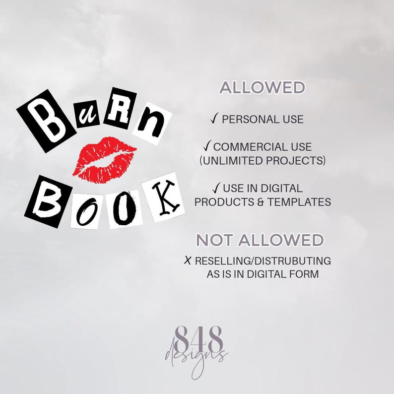 Może przedstawiać: Projekt graficzny z tekstem "Burn Book" w stylizowanej czcionce, z czerwonym odciskiem warg. Obraz zawiera r&oacute;wnież tekst wskazujący dozwolone i niedozwolone zastosowania.