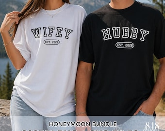 Hubby and Wifey PNG & SVG Varsity Bundle, Honeymoon Couple Tshirt Designs, Trendy Bridal Graphic, Just Married Design, Matching 2026 Wedding