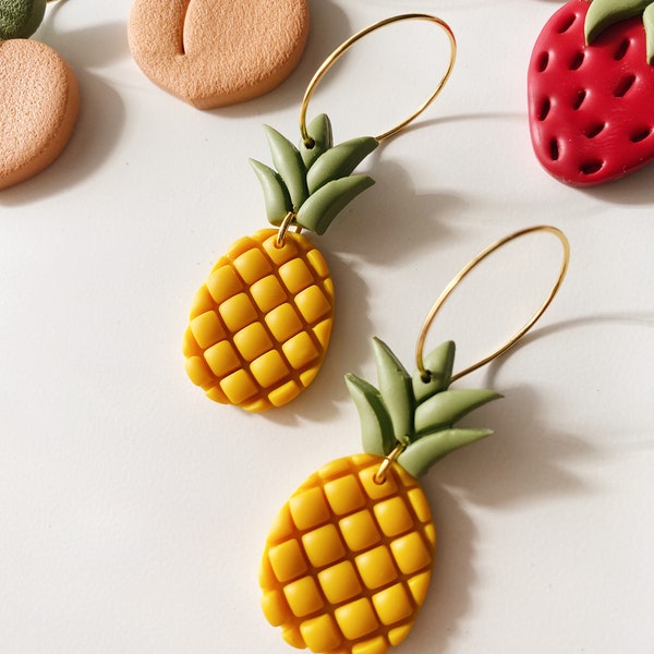 Pineapple Hoops, Handmade Polymer Clay Earrings, Summer Fruit Jewelry