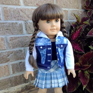 18 Inch Doll Jean Jacket Hoodie and Pleated Skirt Set ,Blue and White