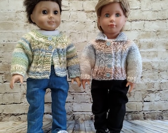 18 Inch Doll Clothes, Hand Knit Cable Sweater, Cardigan ,Boy or Girl Doll Sweater