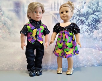 Ropa de muñeca de 18 pulgadas, niño y niña, hermano y hermana a juego con Twin Mardi Gras o conjuntos de martes gordo