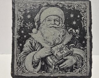 Christmas Reindeer & Santa Laser-Etched Natural Slate Coasters
