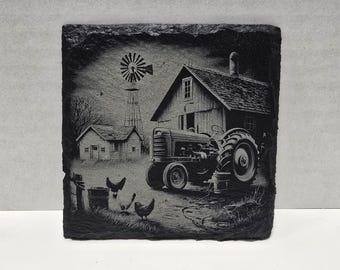 Posavasos de pizarra con temática de vida en la granja: decoración rústica de tractor, regalo de granja grabado con láser.