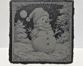 Laser-Etched Snowman Slate Coaster | Rustic Winter Cabin Decor