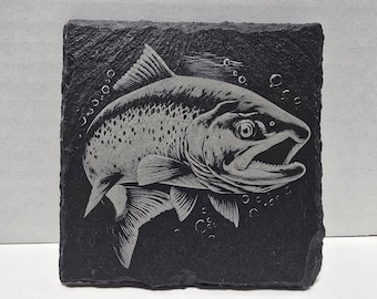 Serie Trucha: Posavasos de pizarra grabados con láser para pesca con mosca