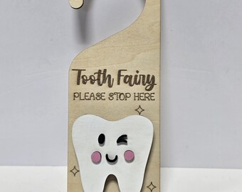 Tooth Fairy Door Hanger: Engraved Wooden Sign, Hand-Painted Tooth