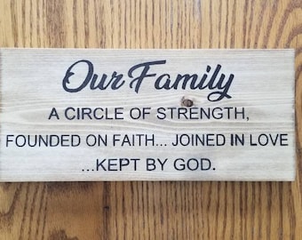 Our Family A Circle Of Strength, Founded On Faith... Joined In Love...Kept By God Wood Sign