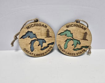Michigan Great Lakes State Wooden Ornament | Handmade Lighthouse & Lakes Design | Michigan Souvenir Gift | Rustic Christmas Decor
