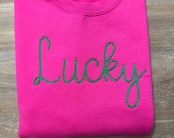 Lucky Embroidered Hand Stitch Look Green and Pink Crewneck Sweatshirt | Green Gifts | Gifts for her