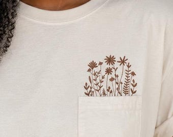 Wildflower Floral Pocket Tee | Comfort Colors Pocket Shirt | Botanical Flower T-Shirt | Neutral Floral Shirt | Cottagecore Embroidered Shirt