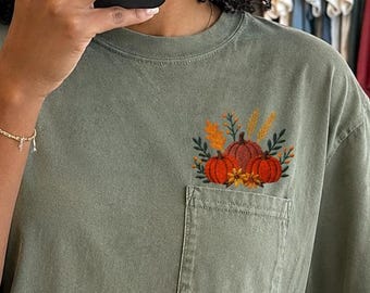 Fall Embroidered Pumpkin Shirts | Short Sleeve or Long Sleeve Comfort Colors Pocket T | Autumn Tee | Thanksgiving | Cozy Fall Gift for Women