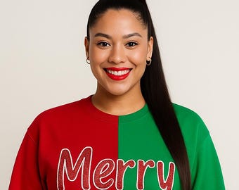 Merry Embroidered Two Tone Split Red and Green Christmas Sweater