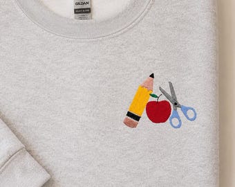 Embroidered Back To School Pocket  Shirt | Gildan 1800 Sweater | Pencil Apple Scissor Designs | Gifts for Teacher | Principal