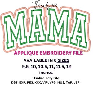 以下が含まれることがあります： ピンクとグリーンの「MAMA」デザインのアップリケ刺繍ファイル。6つのサイズからお選びいただけます: 9.5インチ、10インチ、10.5インチ、11インチ、11.5インチ、12インチ。ファイル形式はDST、EXP、PES、XXX、VIP、VP3、HUS、TAP、JEFです。