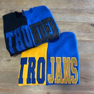 Custom Two-Tone Split Color Block Crewneck Embroidered Sweatshirt: Mascot Team Sweatshirt, Color Block Sweater, Team Name, City, State