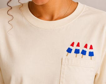 Red White Blue Frozen Ice Pop Embroidered Pocket T Shirt | Comfort Colors | Summer Shirt | Fourth of July | Memorial Day