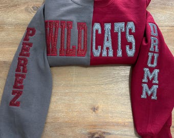 Custom Embroidered Split Two Tone Sweatshirt WITH Embroidery on 2 Sleeves |Sweater | Game Day | Mascot | Team Spirit Wear | Sports Crewneck