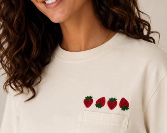 Strawberry Embroidered Comfort Color Pocket Tee T Shirt | Summer | Fruit | Cute Vintage