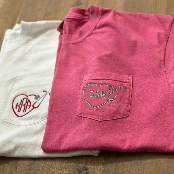 Comfort Colors Monogram Crewneck Nurse Tshirt Pocket Shirt Nurse Week Gift for her Stethoscope