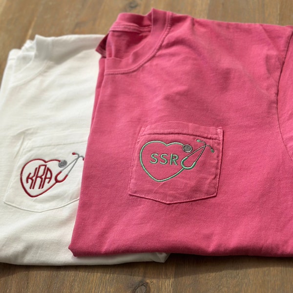Comfort Colors Monogrammed Nurse Pocket T-shirt: Stethoscope Design