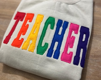 Distressed Teacher Sweatshirt | Embroidery Primary Colors | Multicolor Teacher Gift | Teacher Appreciation Sweater | Pre K Kindergarten