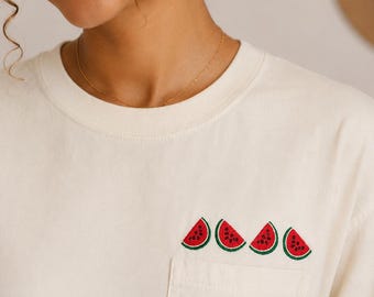 Watermelon Embroidered Comfort Color Pocket Tee T Shirt | Summer | Fruit | Cute Vintage
