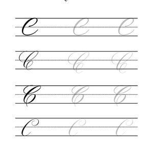 May include: A white sheet with handwriting practice of the letter "C" in cursive. The word "Inkarnashion" is written at the top. The letter "C" is written in black and gray, with horizontal lines for guidance.