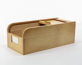 Midcentury Index CARD HOLDER Notecard, Recipes Organizing Box with Roll Top COVER in Beechwood